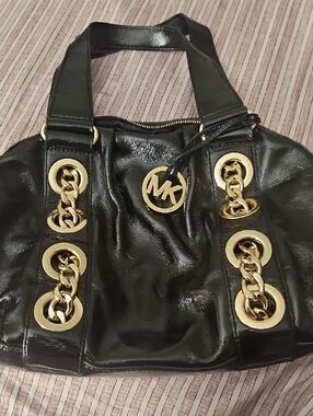 Michael Kors Black Patent Shoulder Bag with Gold Chain Accents